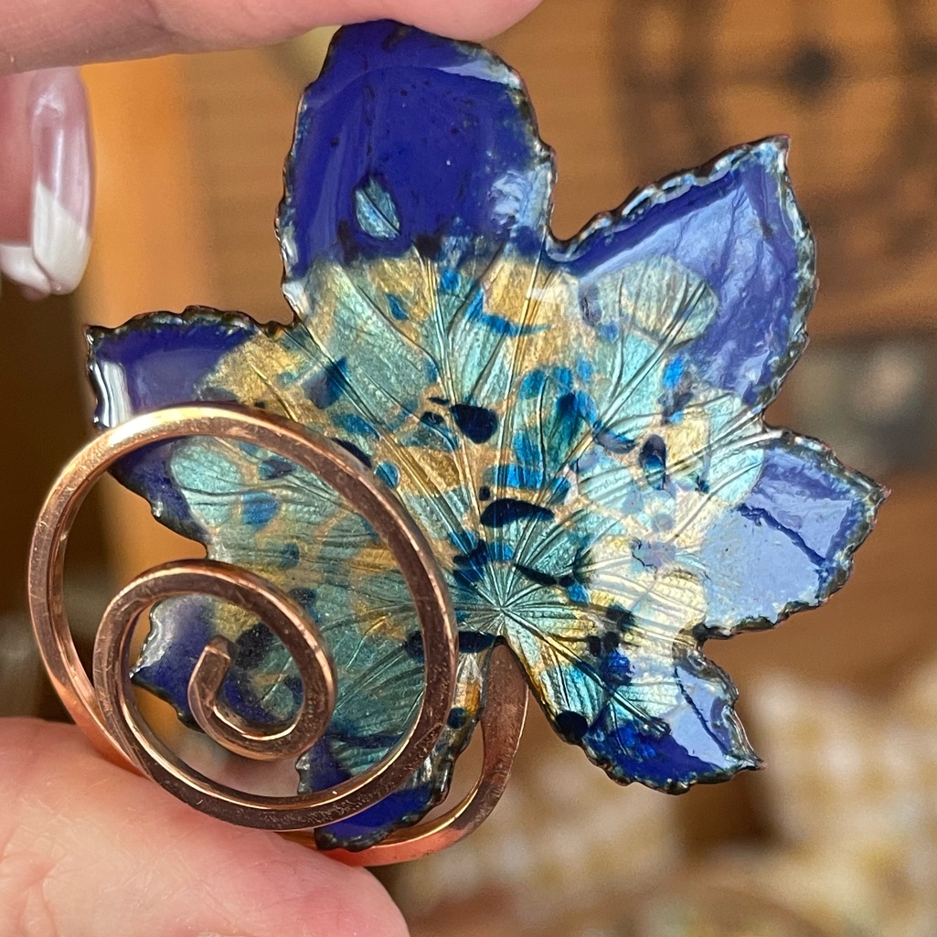 1950s Signed Renoir Matisse Blue Enamel Leaf Brooch